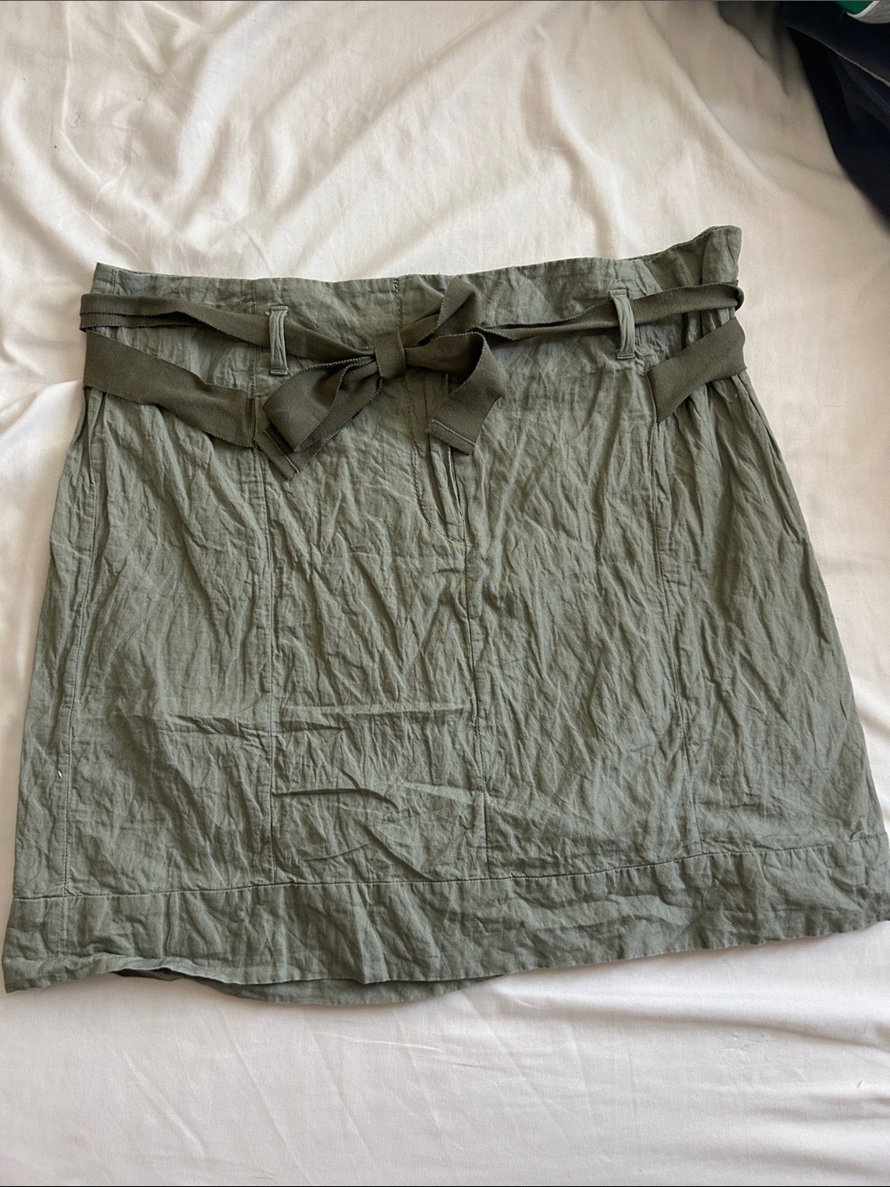 Olive Green Paperbag Waist Skirt with Tie Belt